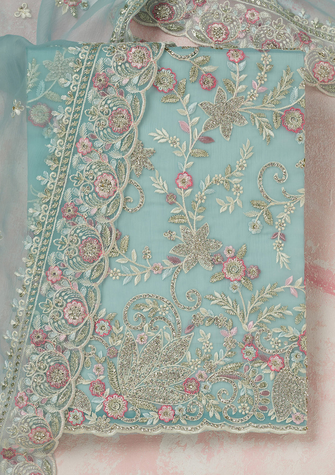 Sky Blue Stonework Semi Crepe Unstitched Salwar Suit-koskii