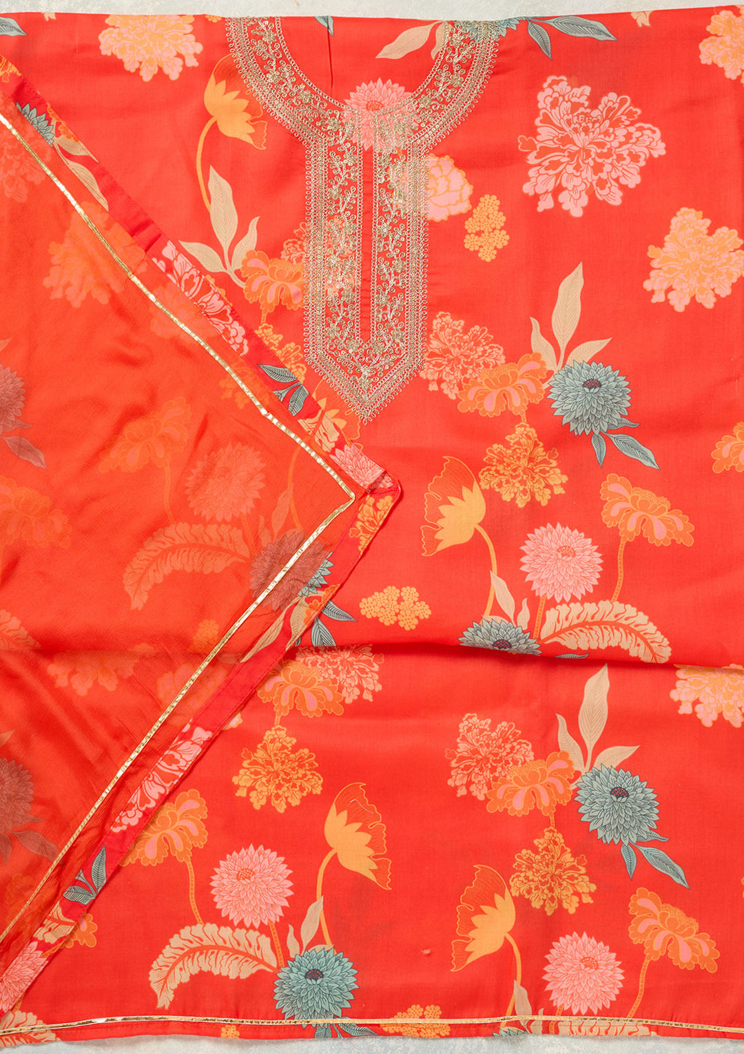 Orange Threadwork Cotton Unstitched Salwar Suit