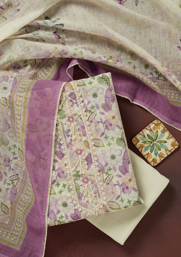 Purple Threadwork Linen Unstitched Salwar Suit