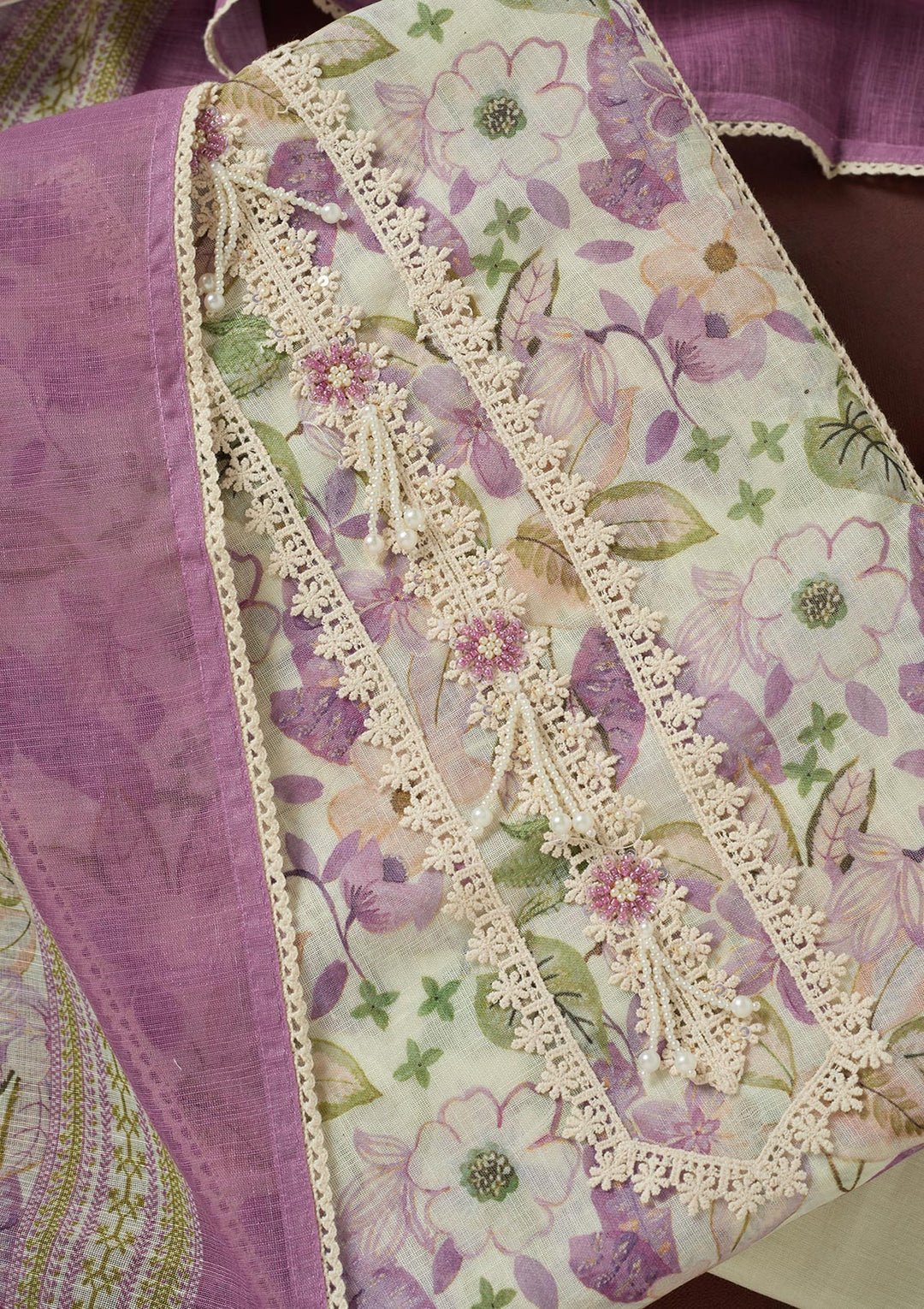 Purple Threadwork Linen Unstitched Salwar Suit