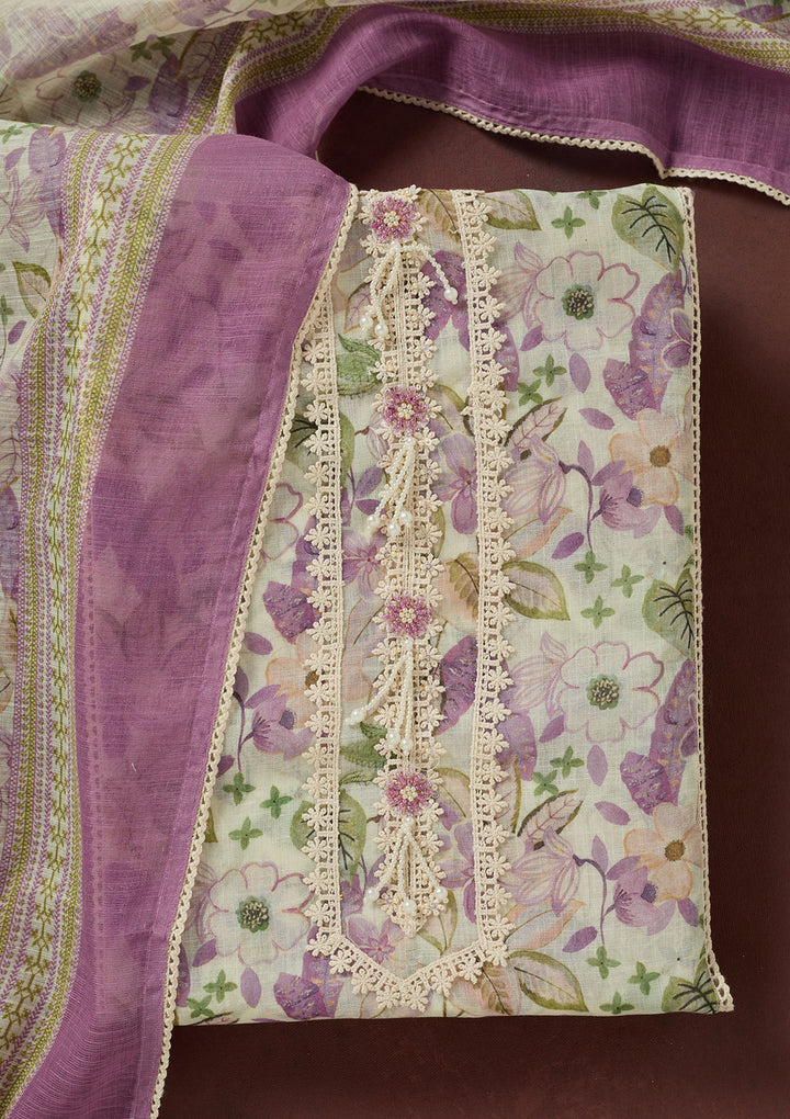 Purple Threadwork Linen Unstitched Salwar Suit