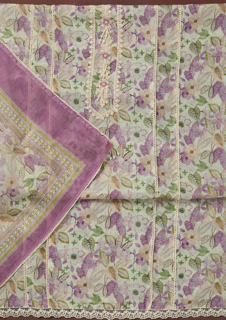 Purple Threadwork Linen Unstitched Salwar Suit