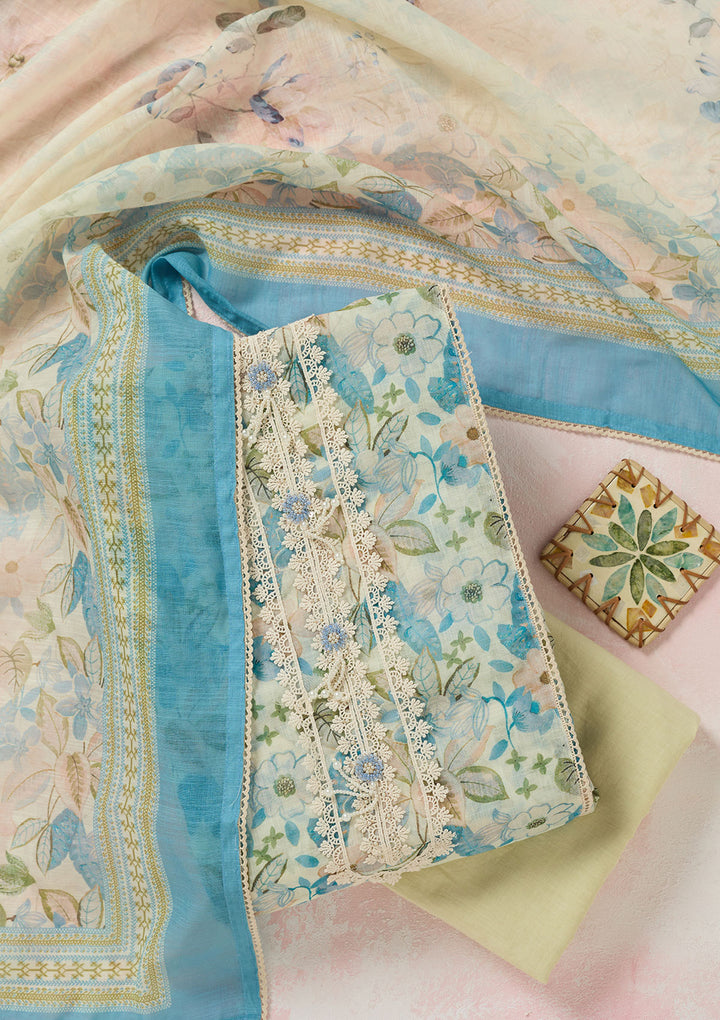 Turquoise Blue Threadwork Linen Unstitched Salwar Suit