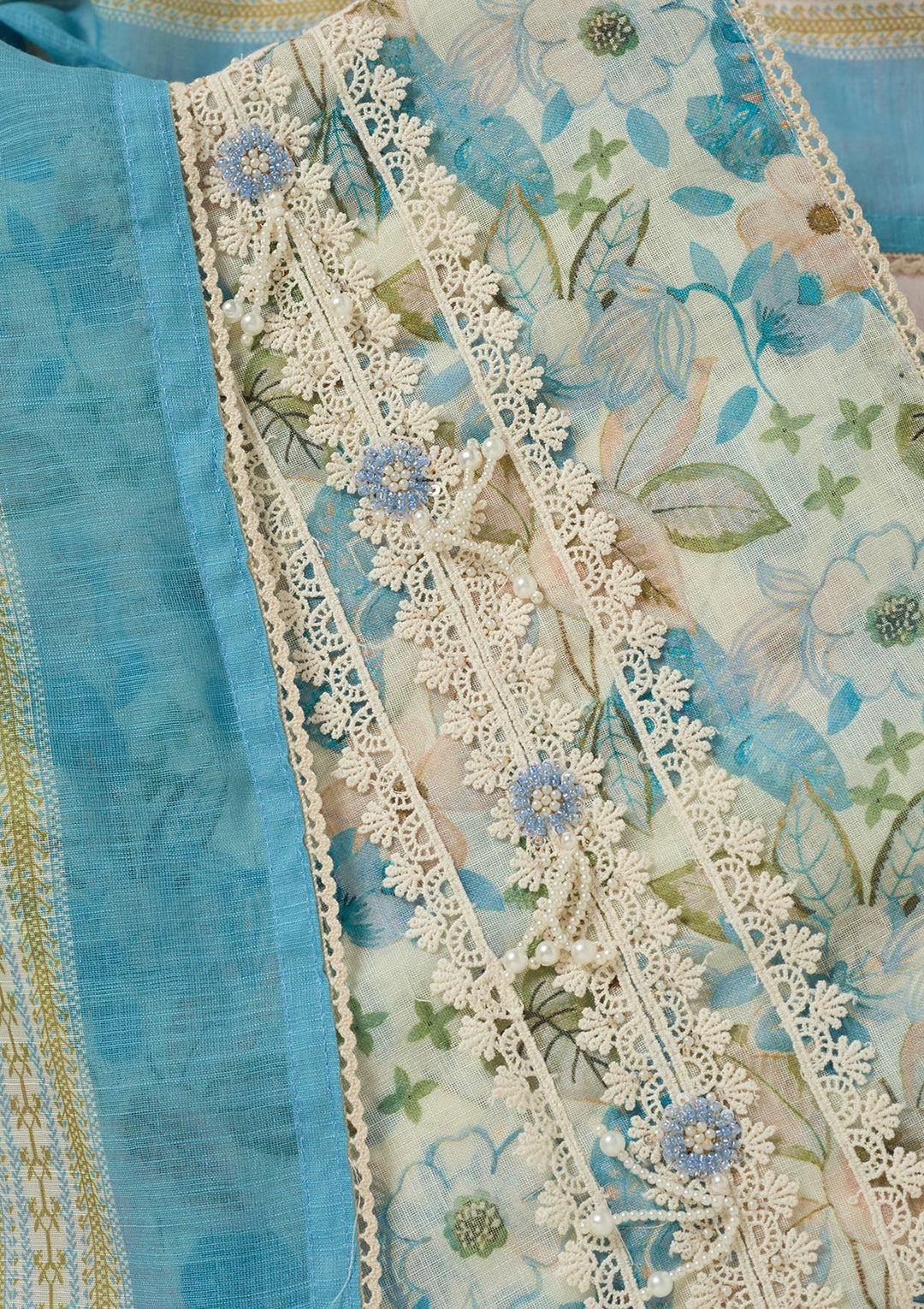 Turquoise Blue Threadwork Linen Unstitched Salwar Suit