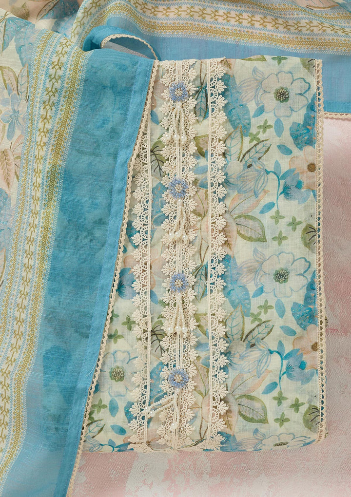 Turquoise Blue Threadwork Linen Unstitched Salwar Suit