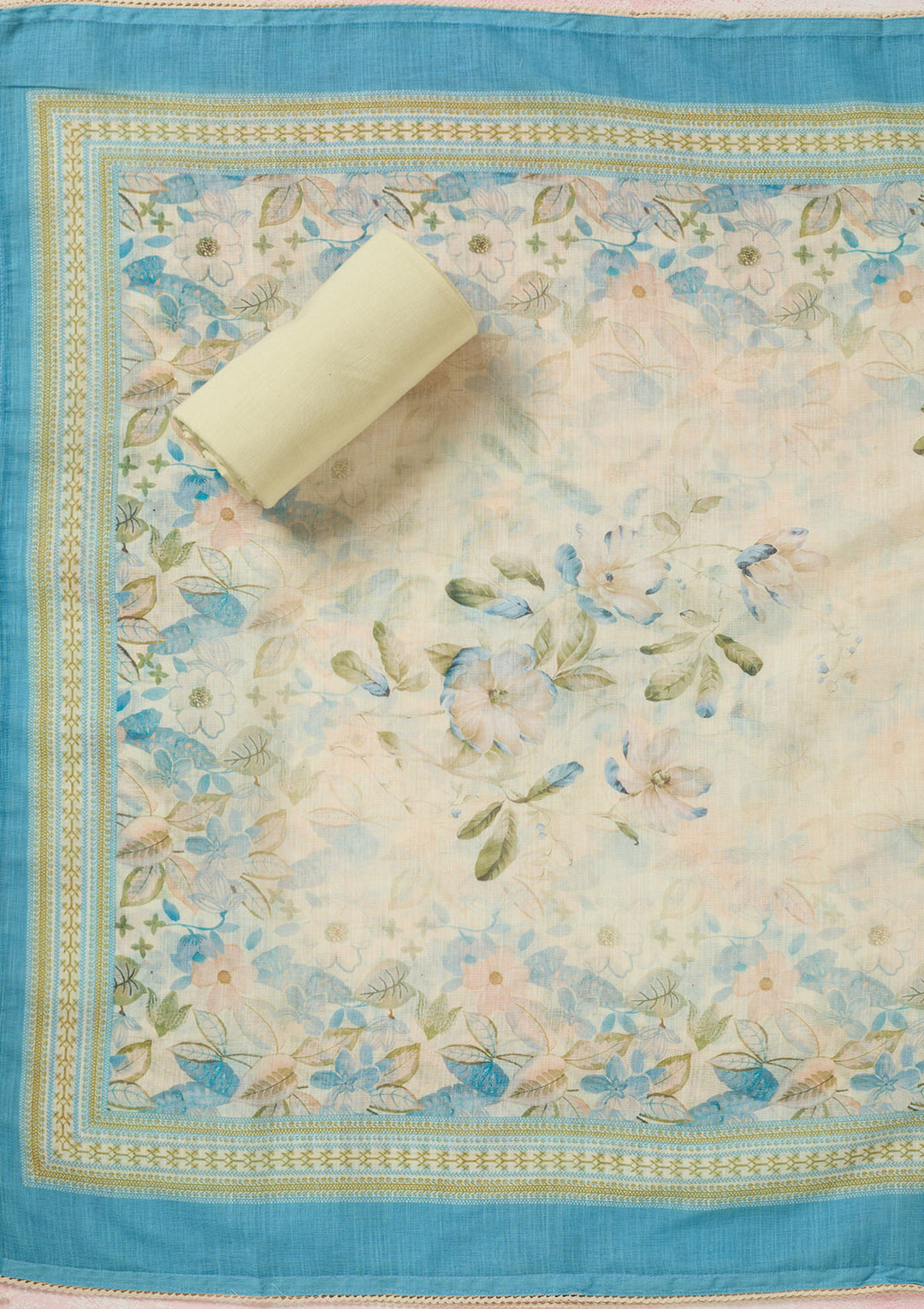 Turquoise Blue Threadwork Linen Unstitched Salwar Suit