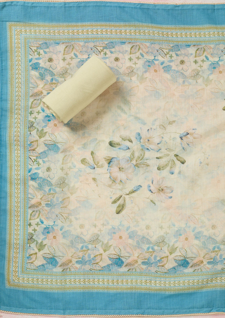 Turquoise Blue Threadwork Linen Unstitched Salwar Suit