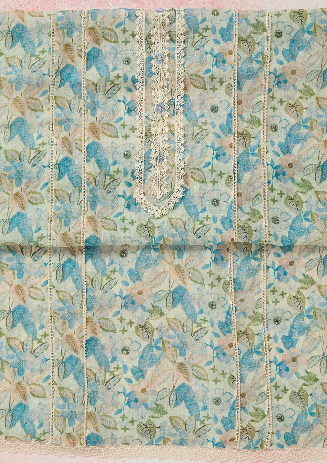 Turquoise Blue Threadwork Linen Unstitched Salwar Suit