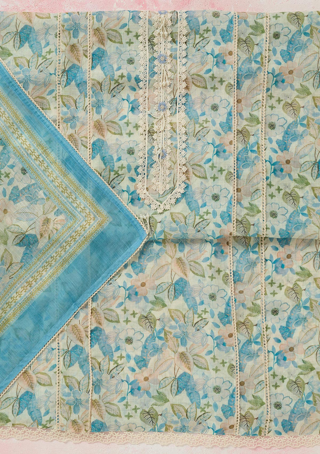 Turquoise Blue Threadwork Linen Unstitched Salwar Suit