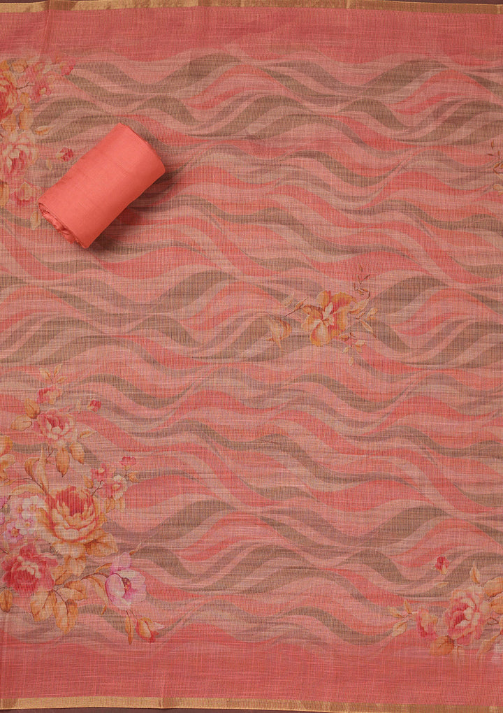 Peach Threadwork Linen Unstitched Salwar Suit