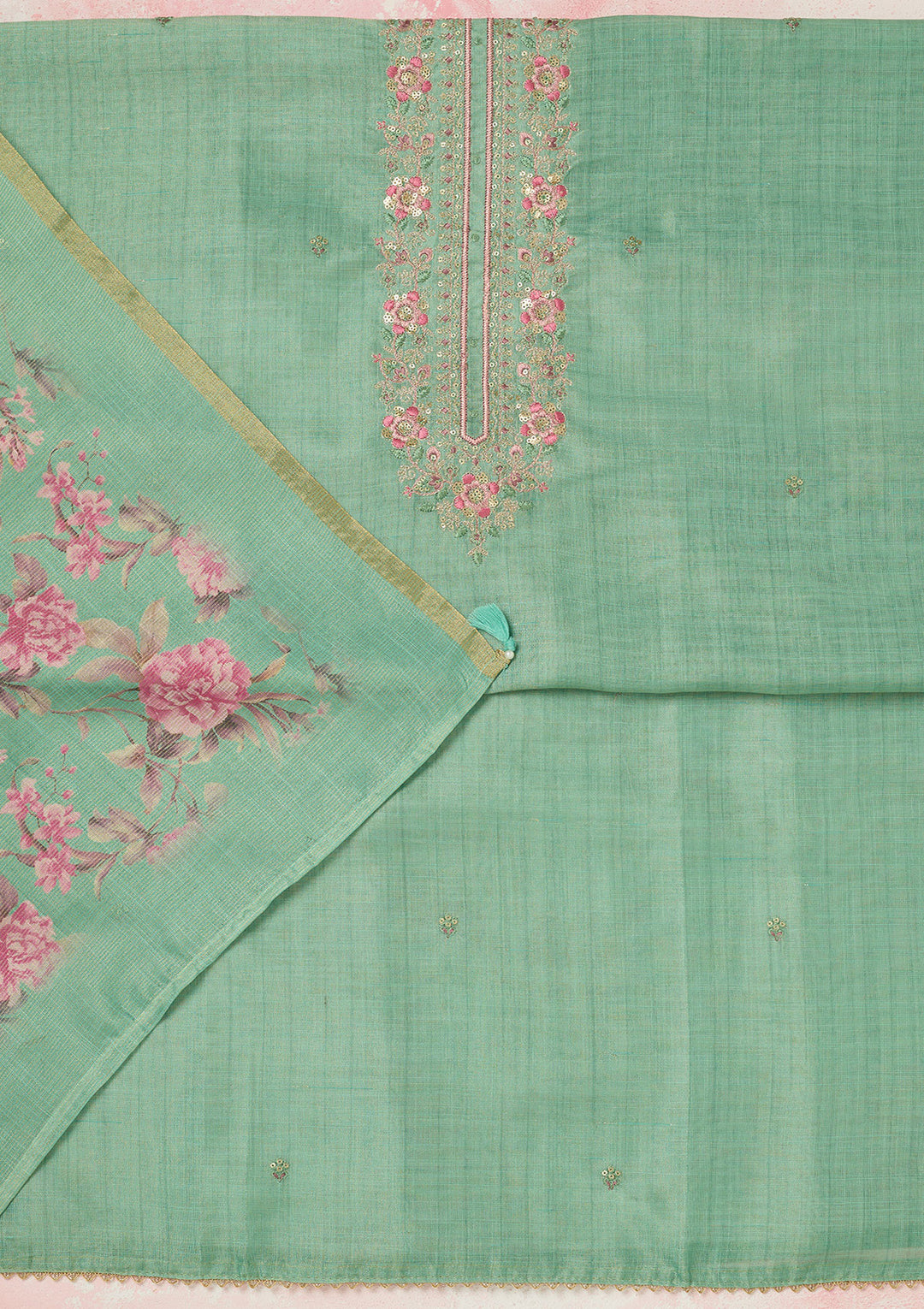 Sea Green Zariwork (Gold) Linen Unstitched Salwar Suit
