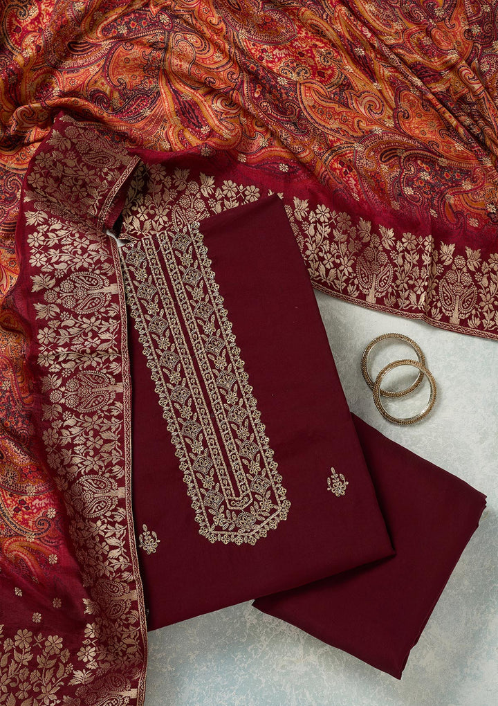 Maroon Threadwork Dola Silk Unstitched Salwar Suit