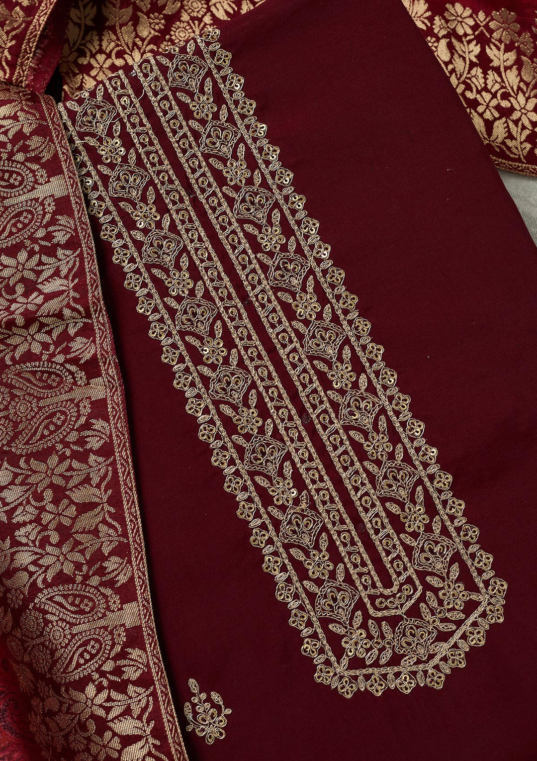 Maroon Threadwork Dola Silk Unstitched Salwar Suit