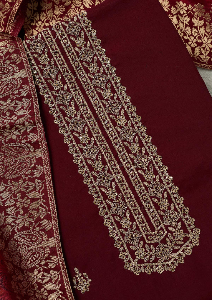 Maroon Threadwork Dola Silk Unstitched Salwar Suit