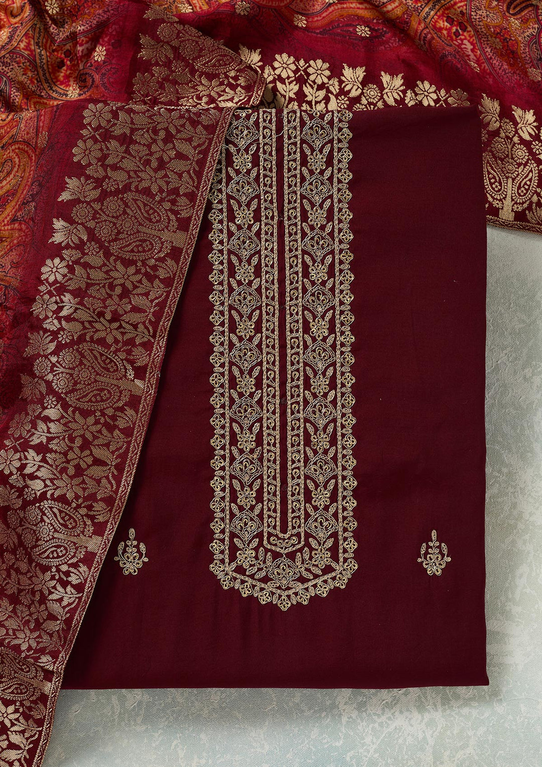 Maroon Threadwork Dola Silk Unstitched Salwar Suit