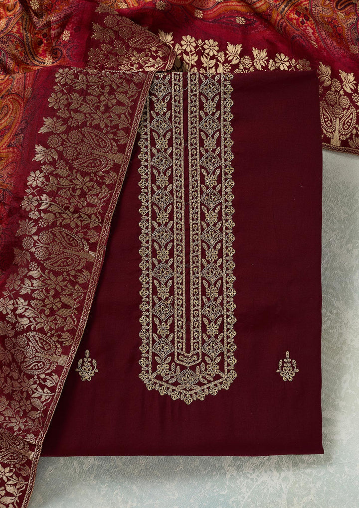 Maroon Threadwork Dola Silk Unstitched Salwar Suit