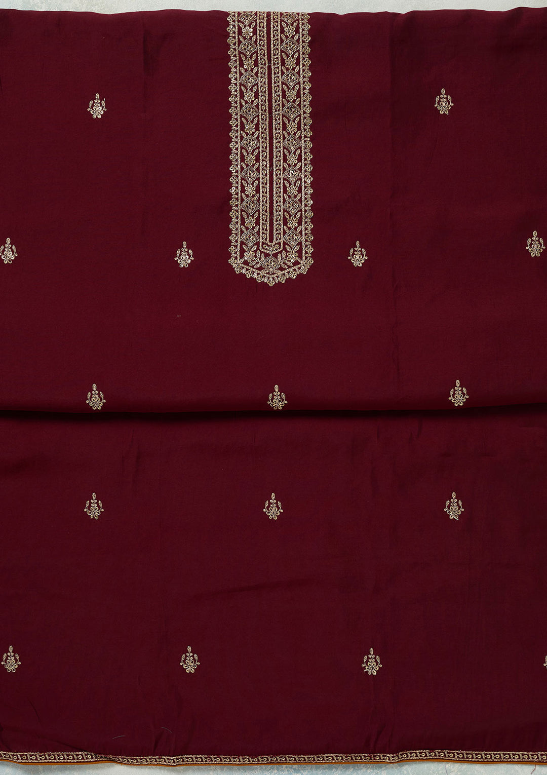 Maroon Threadwork Dola Silk Unstitched Salwar Suit