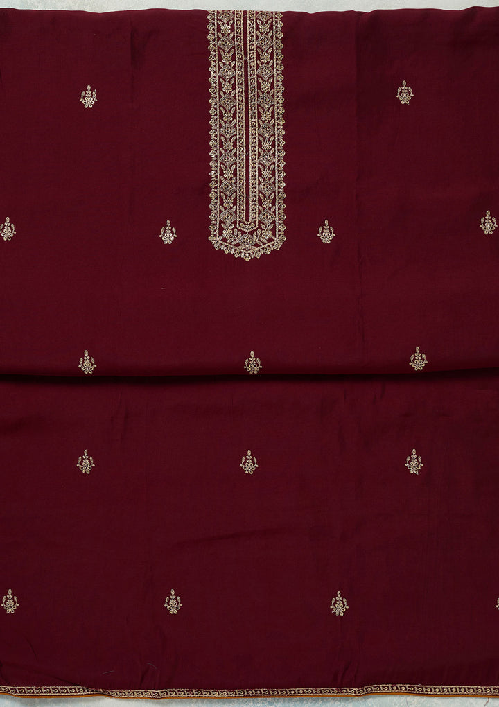 Maroon Threadwork Dola Silk Unstitched Salwar Suit