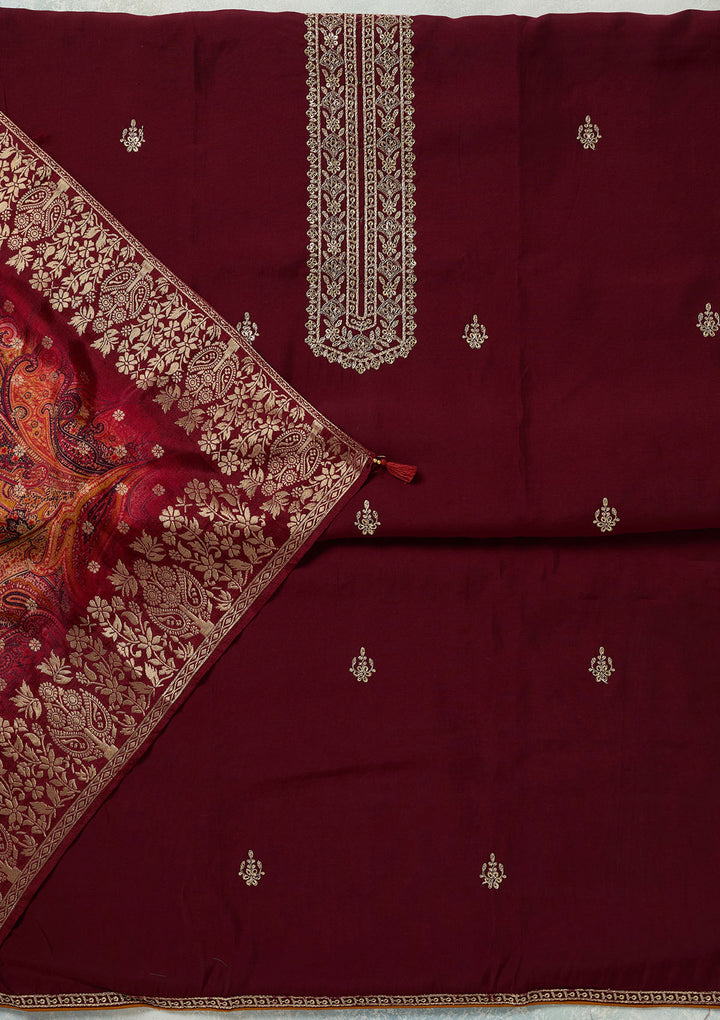 Maroon Threadwork Dola Silk Unstitched Salwar Suit