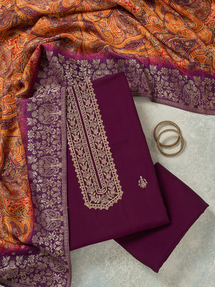 Purple Zariwork (Gold) Dola Silk Unstitched Salwar Suit