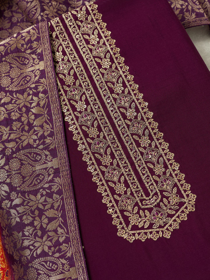 Purple Zariwork (Gold) Dola Silk Unstitched Salwar Suit
