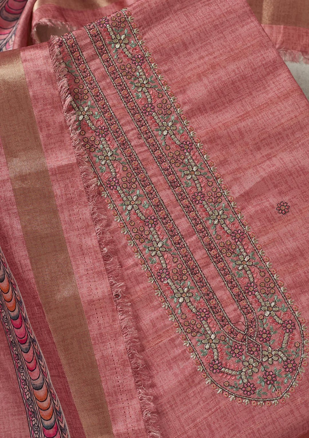Onion Pink Threadwork Chanderi Unstitched Salwar Suit