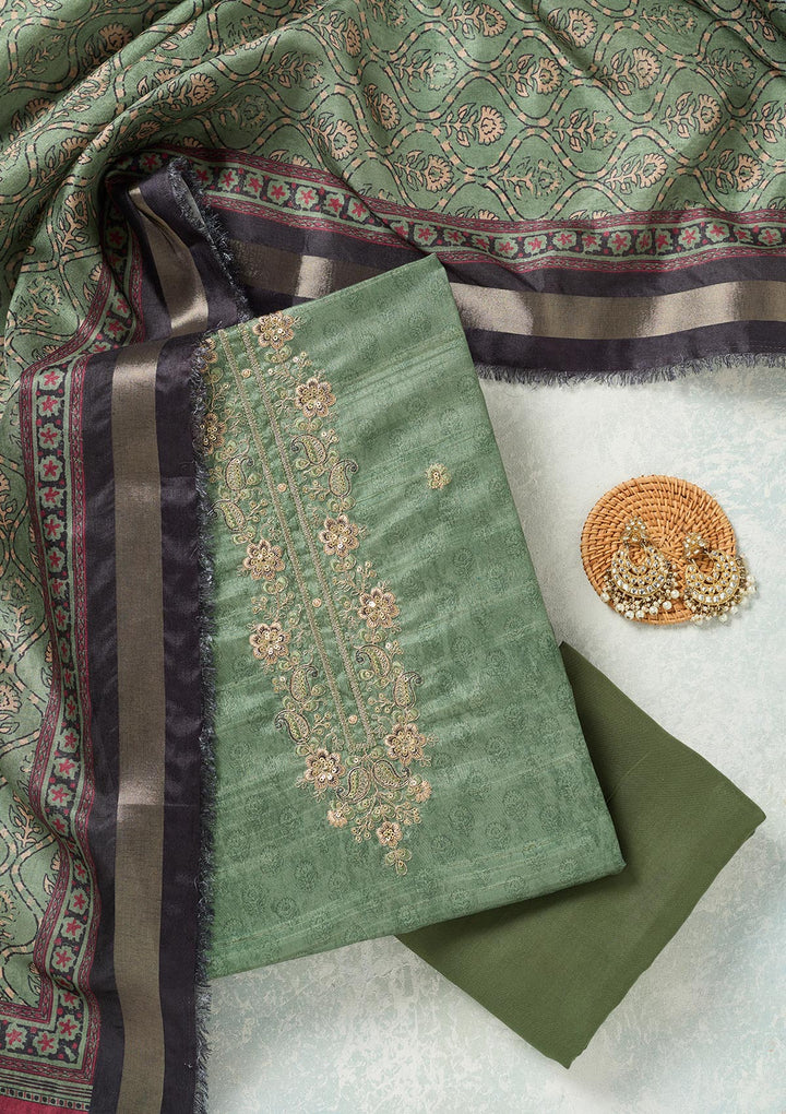 Pista Green Zariwork (Gold) Chanderi Unstitched Salwar Suit