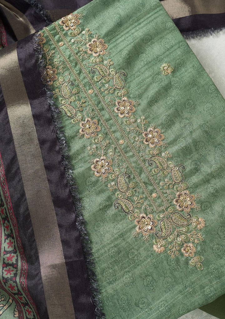 Pista Green Zariwork (Gold) Chanderi Unstitched Salwar Suit