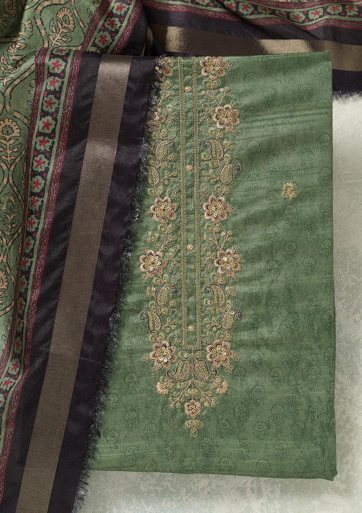 Pista Green Zariwork (Gold) Chanderi Unstitched Salwar Suit