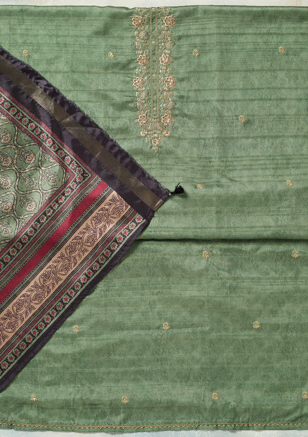 Pista Green Zariwork (Gold) Chanderi Unstitched Salwar Suit