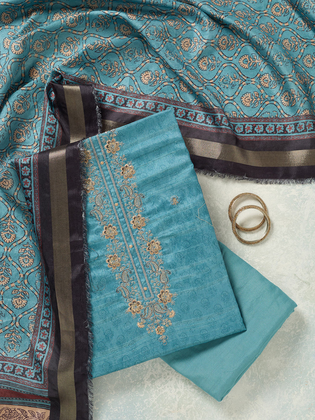 Sky Blue Threadwork Chanderi Unstitched Salwar Suit
