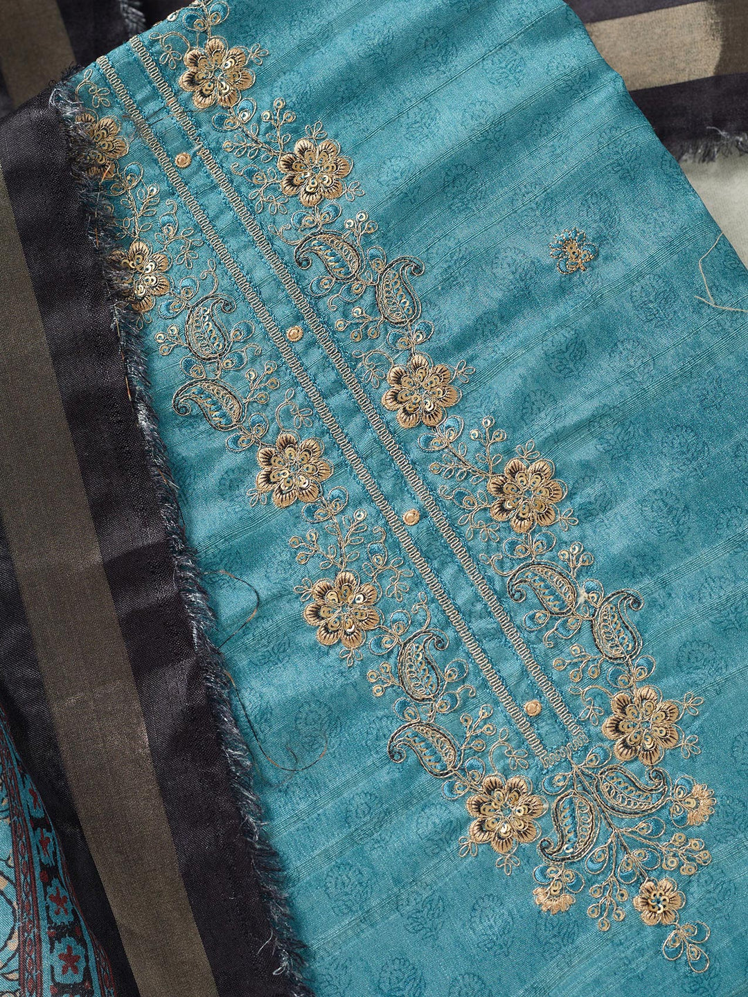 Sky Blue Threadwork Chanderi Unstitched Salwar Suit