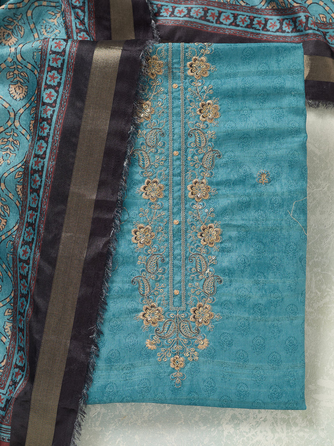 Sky Blue Threadwork Chanderi Unstitched Salwar Suit