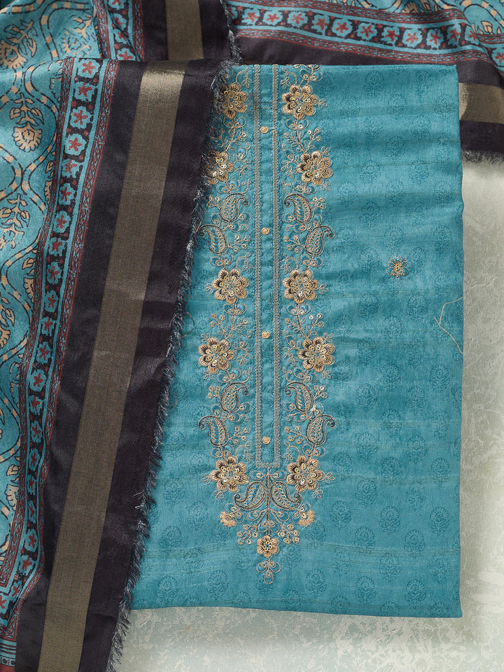 Sky Blue Threadwork Chanderi Unstitched Salwar Suit