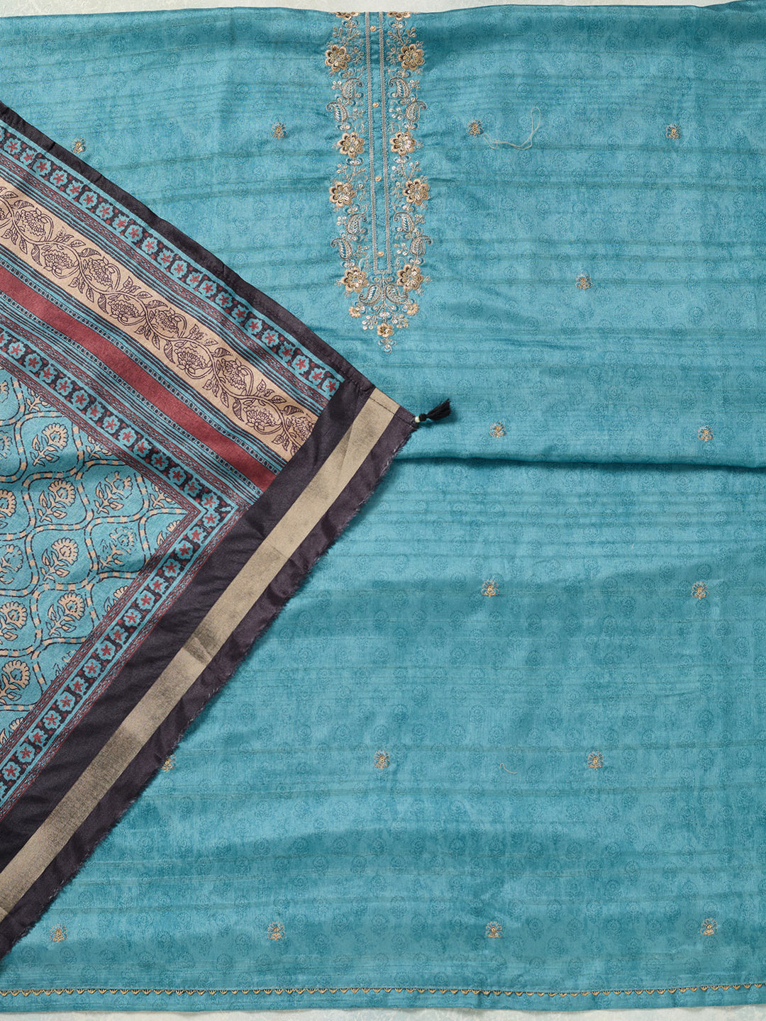Sky Blue Threadwork Chanderi Unstitched Salwar Suit