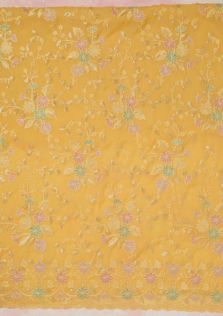 Yellow Thread Embroidery Semi Crepe Unstitched Salwar Suit