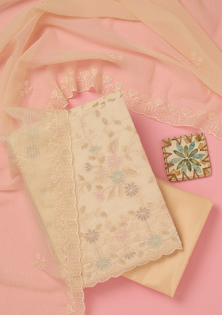 Cream Threadwork Semi Crepe Unstitched Salwar Suit
