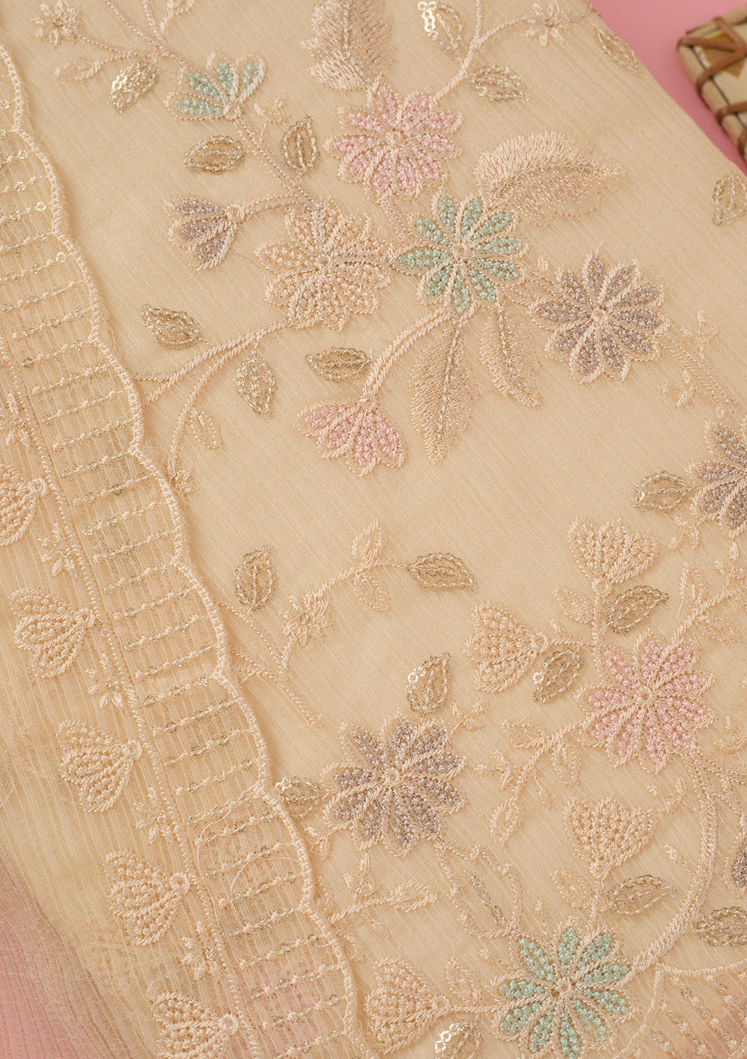 Cream Threadwork Semi Crepe Unstitched Salwar Suit