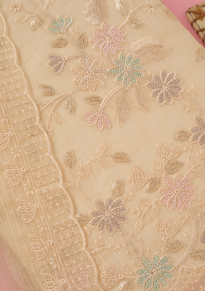 Cream Threadwork Semi Crepe Unstitched Salwar Suit