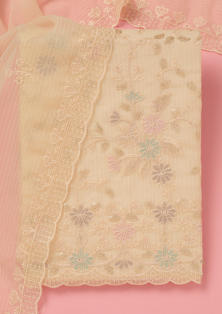 Cream Threadwork Semi Crepe Unstitched Salwar Suit