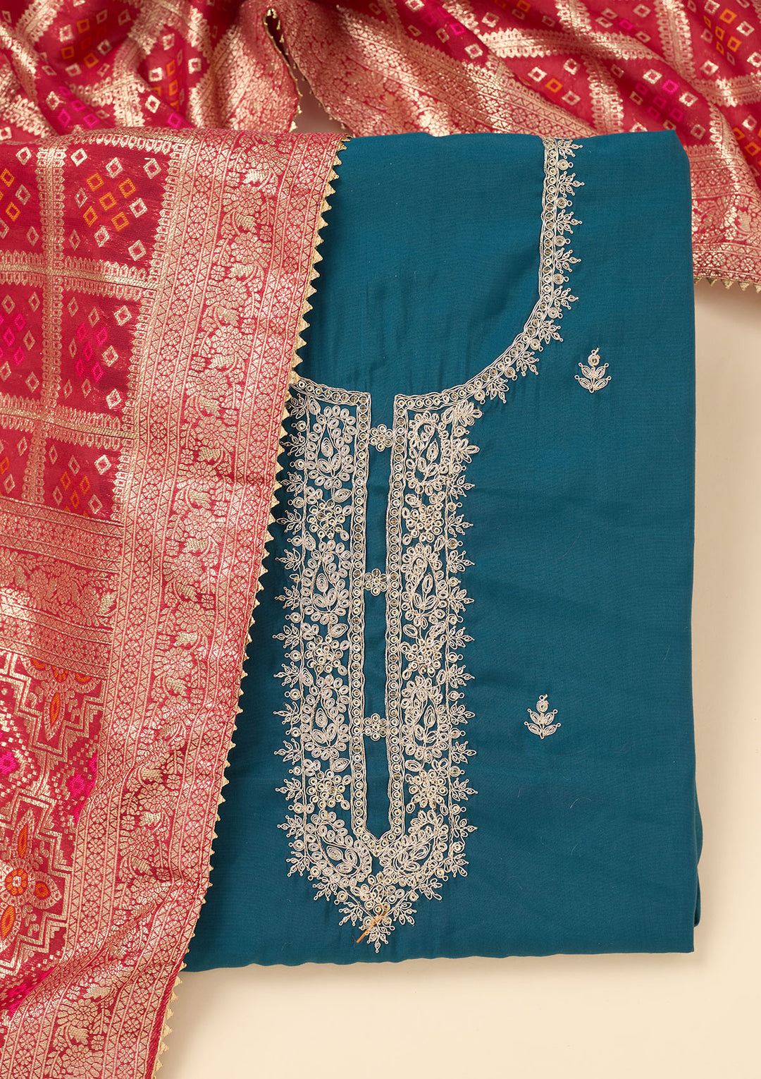 Blue Zariwork Soft Raw Silk Unstitched Salwar Suit