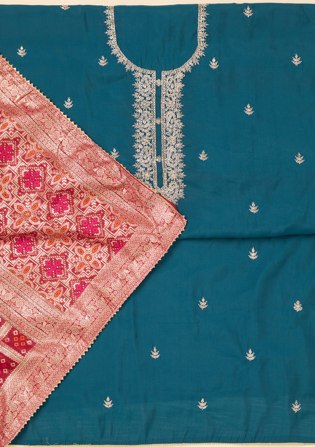 Blue Zariwork Soft Raw Silk Unstitched Salwar Suit