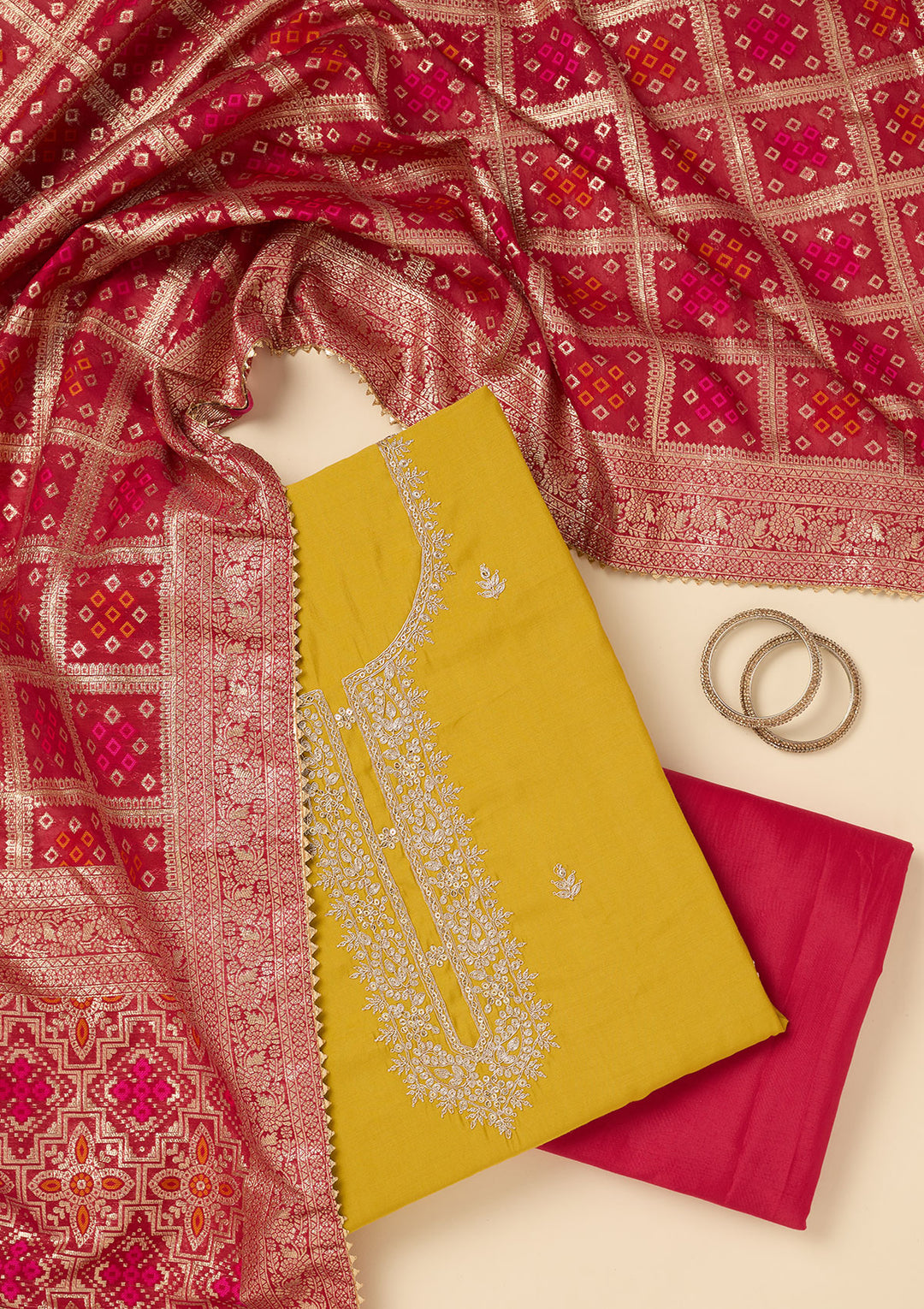 Yellow Zariwork Soft Raw Silk Unstitched Salwar Suit