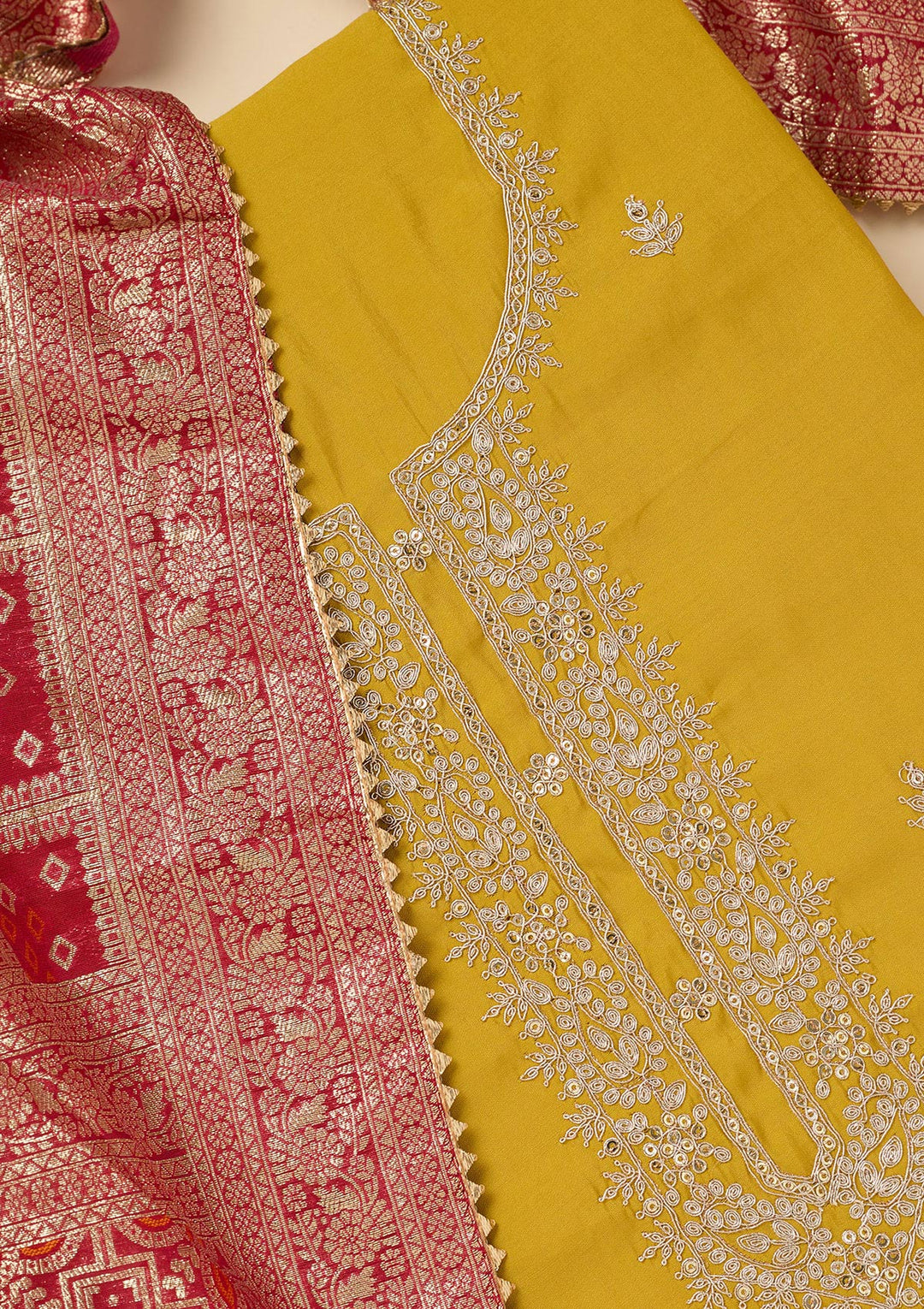 Yellow Zariwork Soft Raw Silk Unstitched Salwar Suit