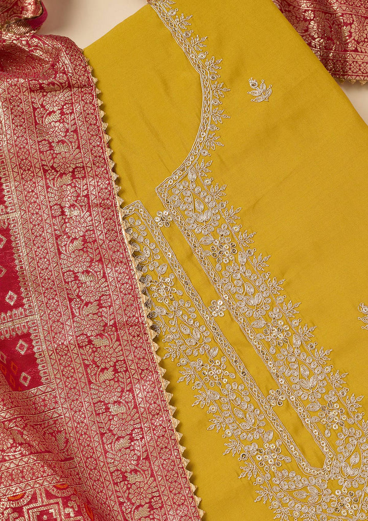 Yellow Zariwork Soft Raw Silk Unstitched Salwar Suit