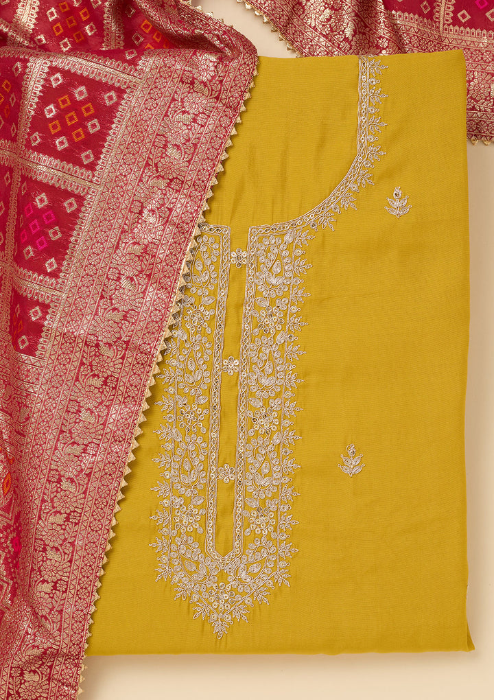 Yellow Zariwork Soft Raw Silk Unstitched Salwar Suit