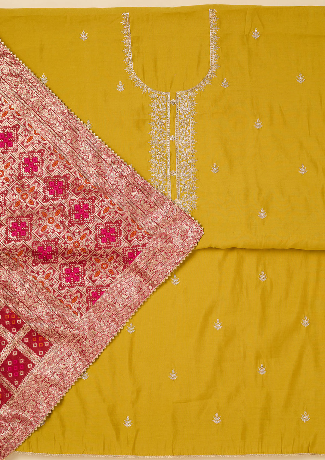 Yellow Zariwork Soft Raw Silk Unstitched Salwar Suit
