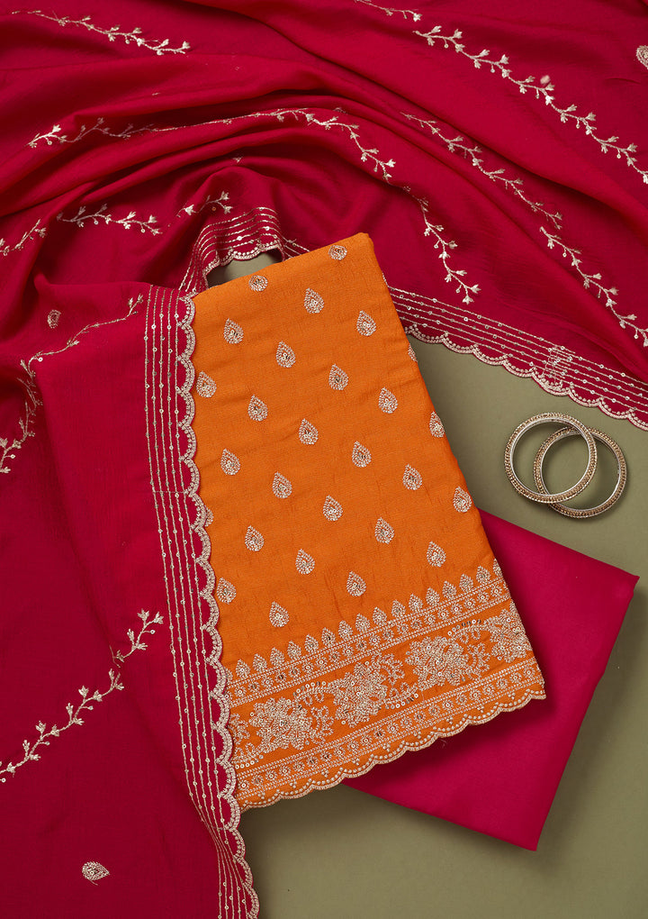 Orange Zariwork Soft Raw Silk Unstitched Salwar Suit