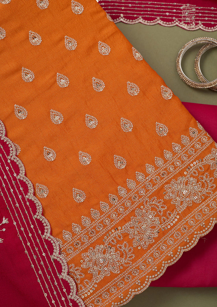 Orange Zariwork Soft Raw Silk Unstitched Salwar Suit
