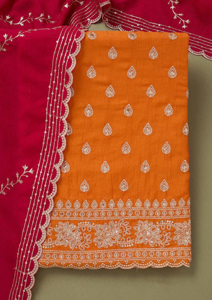 Orange Zariwork Soft Raw Silk Unstitched Salwar Suit